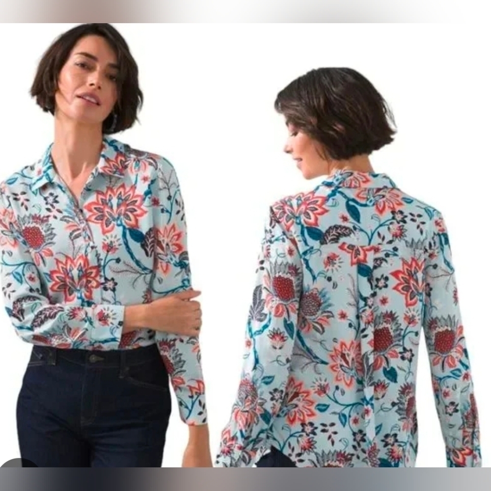Chicos 3 Blue Floral Long Sleeve Women's Button Down